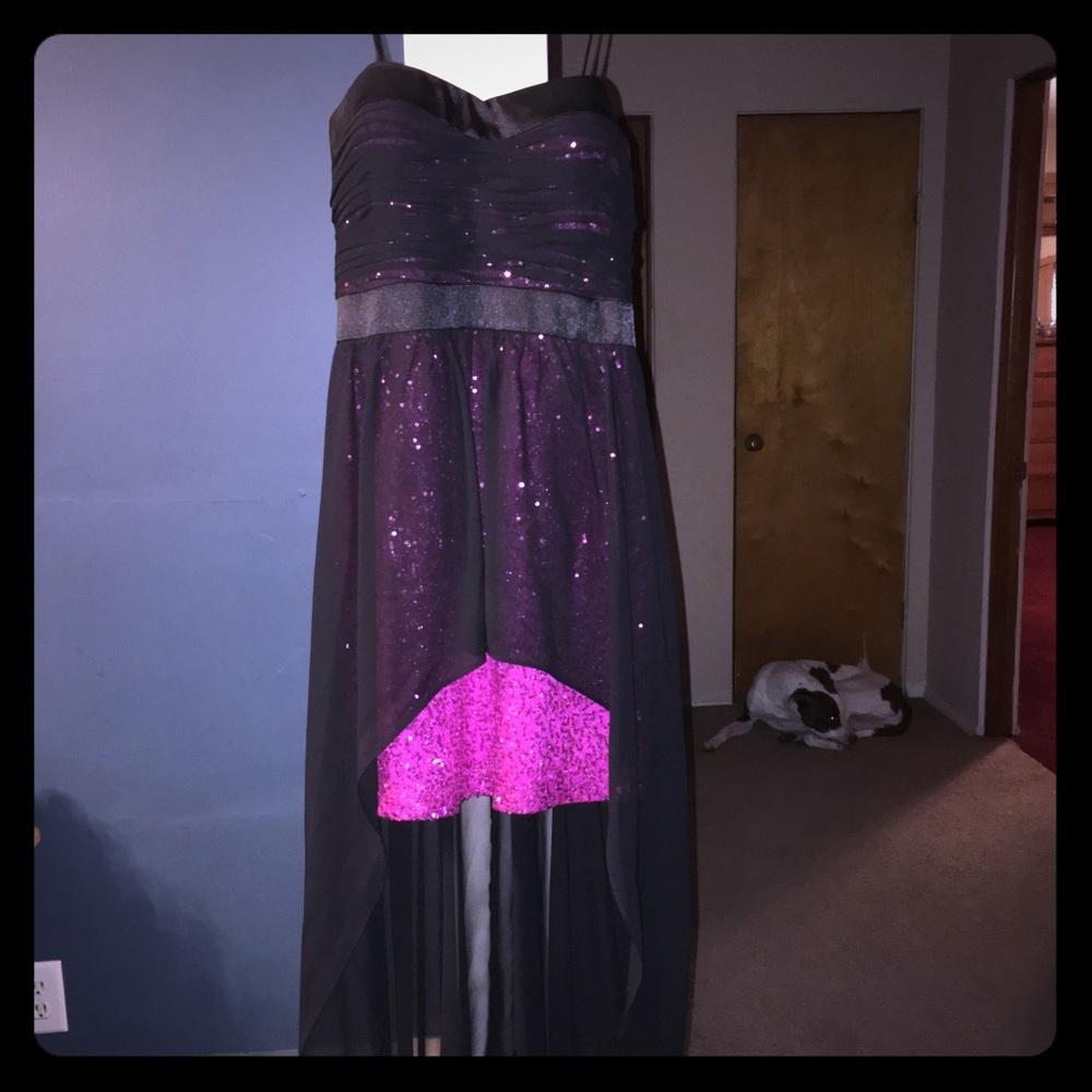 Black sheer and hot pink dress